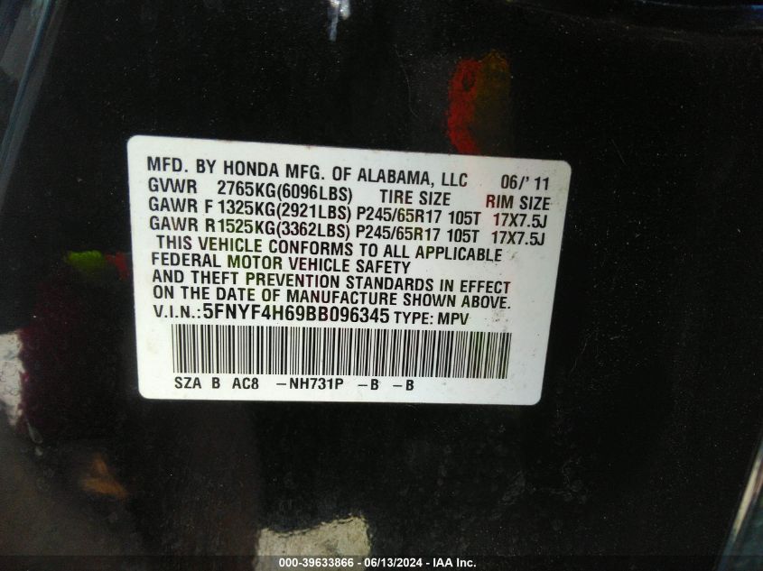 2011 Honda Pilot Ex-L VIN: 5FNYF4H69BB096345 Lot: 39633866