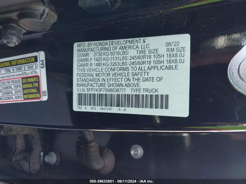 2022 Honda Ridgeline Rtl-E VIN: 5FPYK3F75NB038777 Lot: 39633881