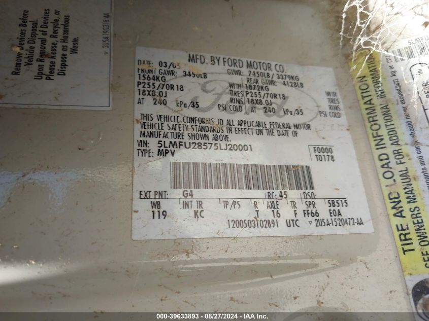 2005 Lincoln Navigator VIN: 5LMFU28575LJ20001 Lot: 39633893