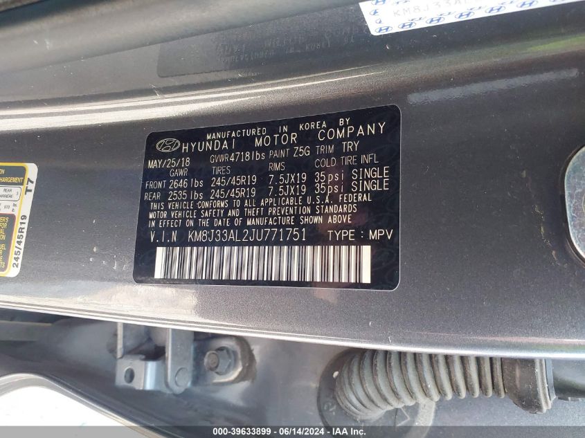 2018 Hyundai Tucson Sport VIN: KM8J33AL2JU771751 Lot: 39633899