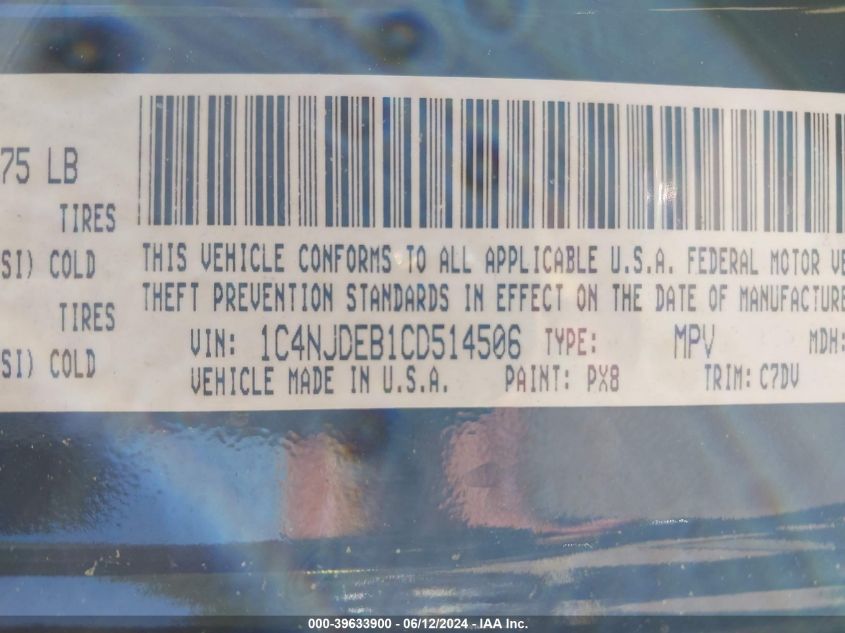 2012 Jeep Compass Latitude VIN: 1C4NJDEB1CD514506 Lot: 39633900