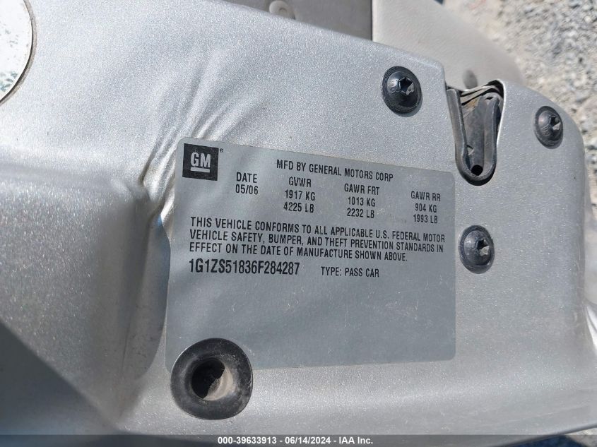 2006 Chevrolet Malibu Ls VIN: 1G1ZS51836F284287 Lot: 39633913