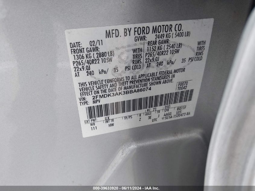 2011 Ford Edge Sport VIN: 2FMDK3AK3BBA86074 Lot: 39633920