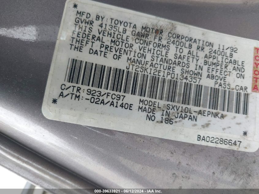 1993 Toyota Camry Le VIN: JT2SK12E1P0134357 Lot: 39633921