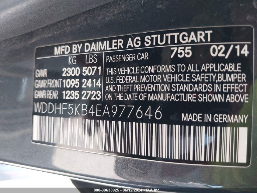 2014 Mercedes-Benz E 350 VIN: WDDHF5KB4EA977646 Lot: 39633925