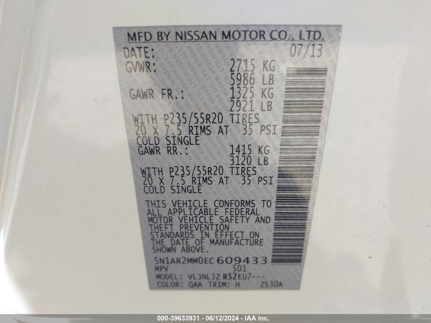 2014 Nissan Pathfinder Platinum VIN: 5N1AR2MM0EC609433 Lot: 39633931