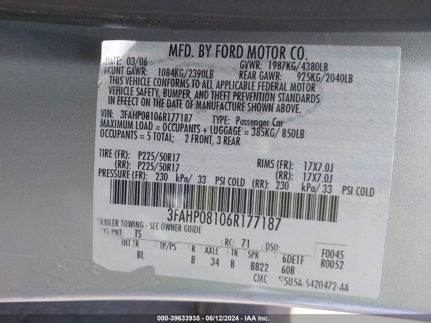 2006 Ford Fusion Sel VIN: 3FAHP08106R177187 Lot: 39633935