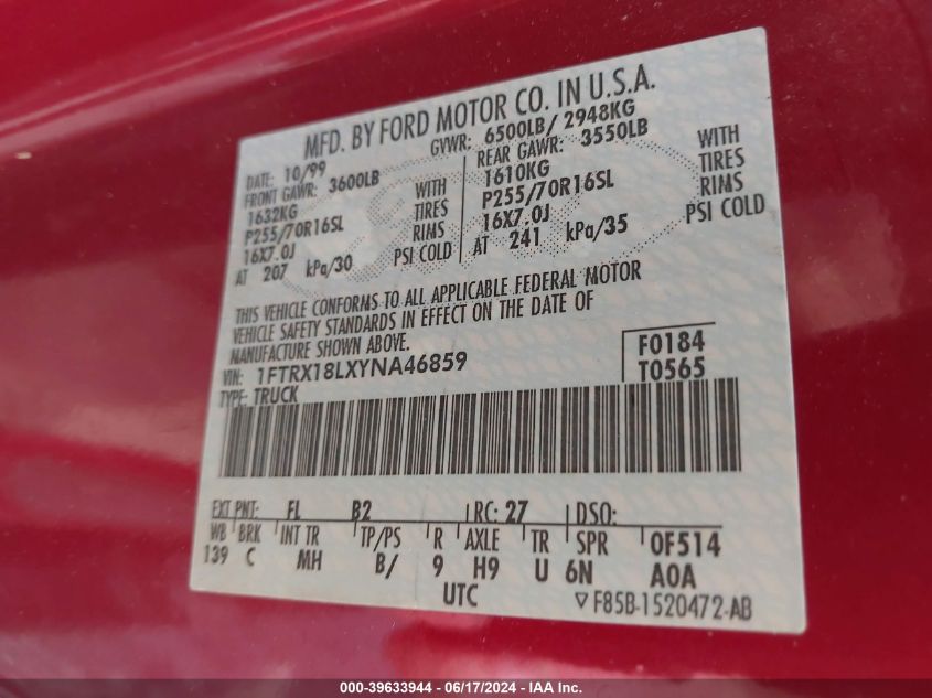 2000 Ford F-150 Lariat/Work Series/Xl/Xlt VIN: 1FTRX18LXYNA46859 Lot: 39633944