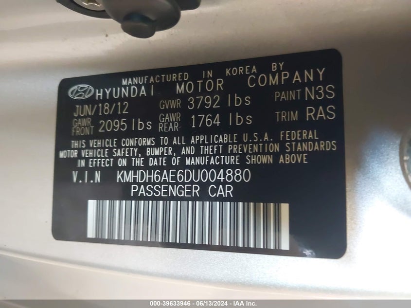 2013 Hyundai Elantra Se VIN: KMHDH6AE6DU004880 Lot: 39633946