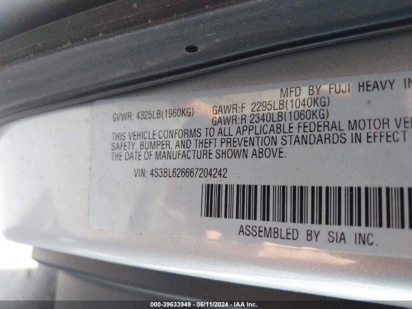2006 Subaru Legacy 2.5I/2.5I Limited VIN: 4S3BL626667204242 Lot: 39633949