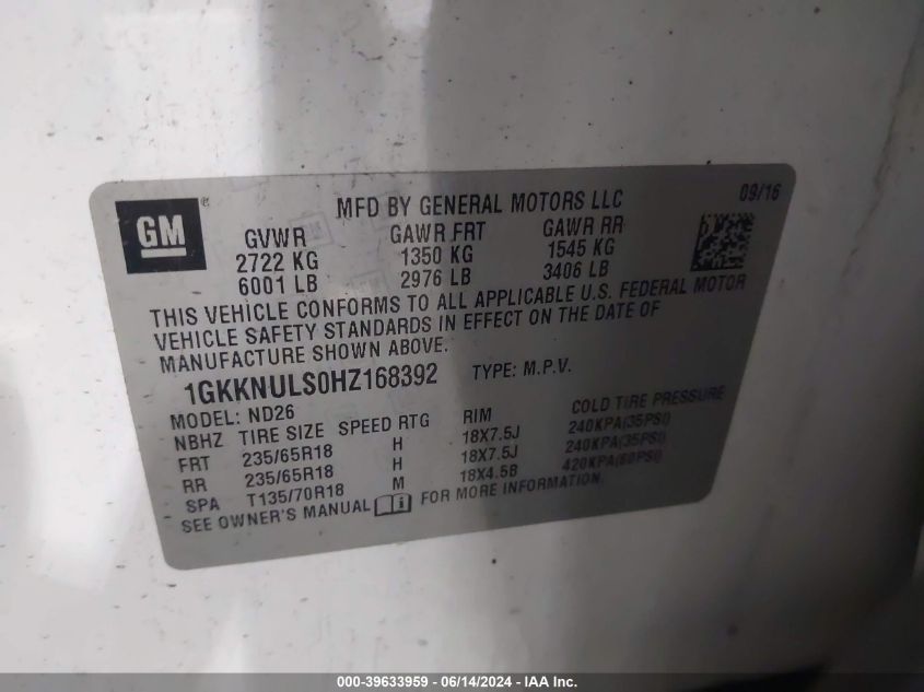 2017 GMC Acadia Slt-1 VIN: 1GKKNULS0HZ168392 Lot: 39633959