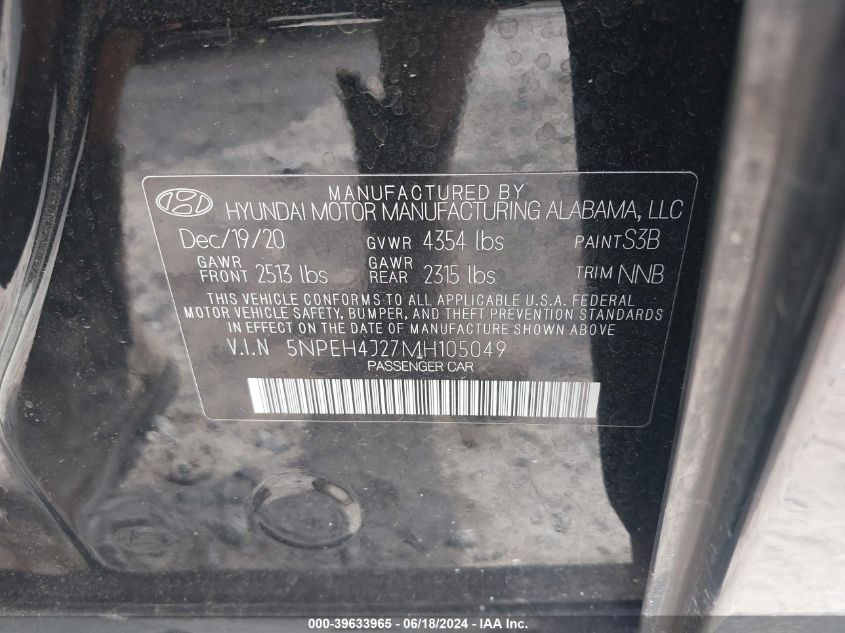 2021 Hyundai Sonata Limited VIN: 5NPEH4J27MH105049 Lot: 39633965