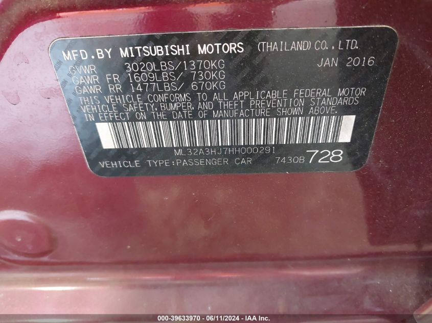 2017 Mitsubishi Mirage Es VIN: ML32A3HJ7HH000291 Lot: 39633970