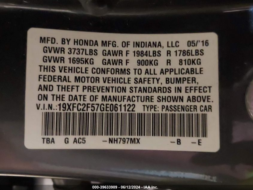 2016 Honda Civic Lx VIN: 19XFC2F57GE061122 Lot: 39633989