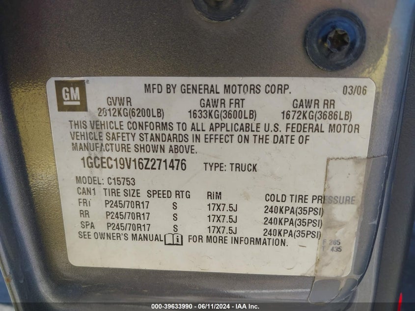 2006 Chevrolet Silverado 1500 Lt1 VIN: 1GCEC19V16Z271476 Lot: 39633990