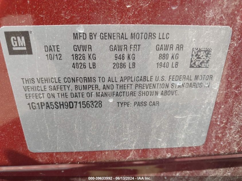 2013 Chevrolet Cruze Ls Auto VIN: 1G1PA5SH9D7156328 Lot: 39633992