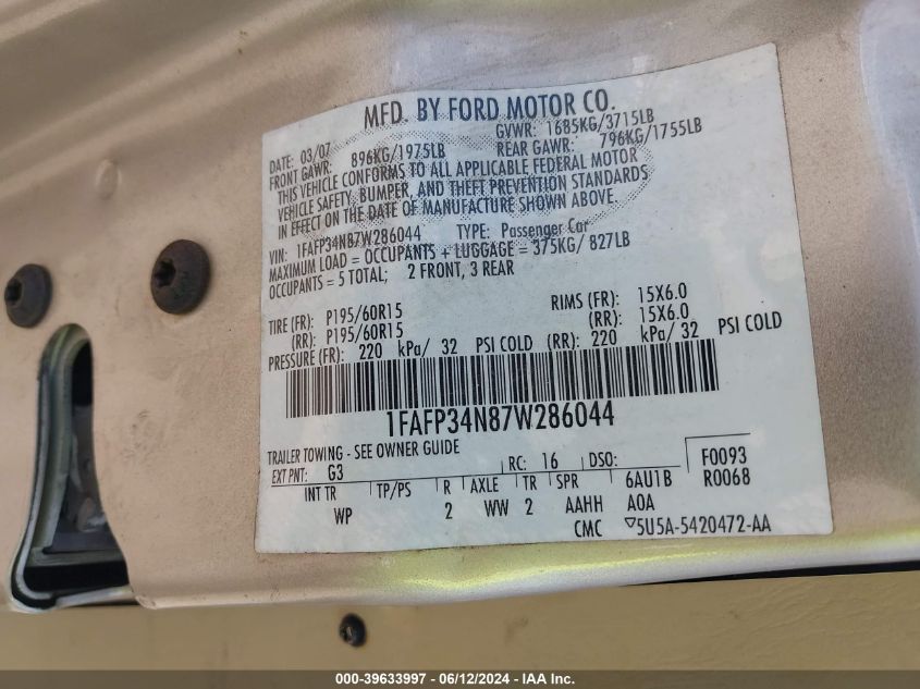 2007 Ford Focus S/Se/Ses VIN: 1FAFP34N87W286044 Lot: 39633997