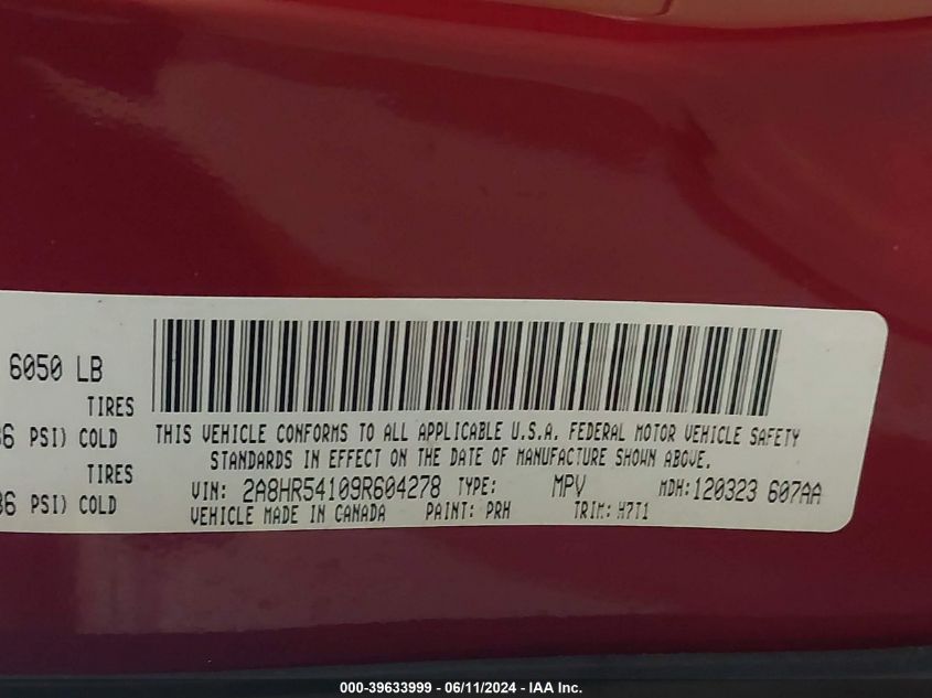 2009 Chrysler Town & Country Touring VIN: 2A8HR54109R604278 Lot: 39633999
