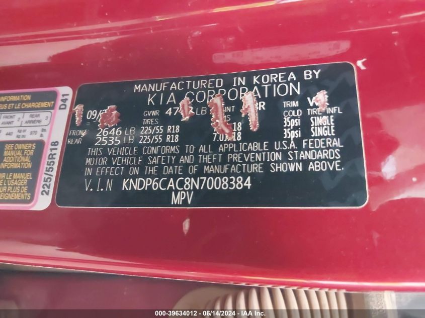 2022 Kia Sportage Nightfall Edition VIN: KNDP6CAC8N7008384 Lot: 39634012