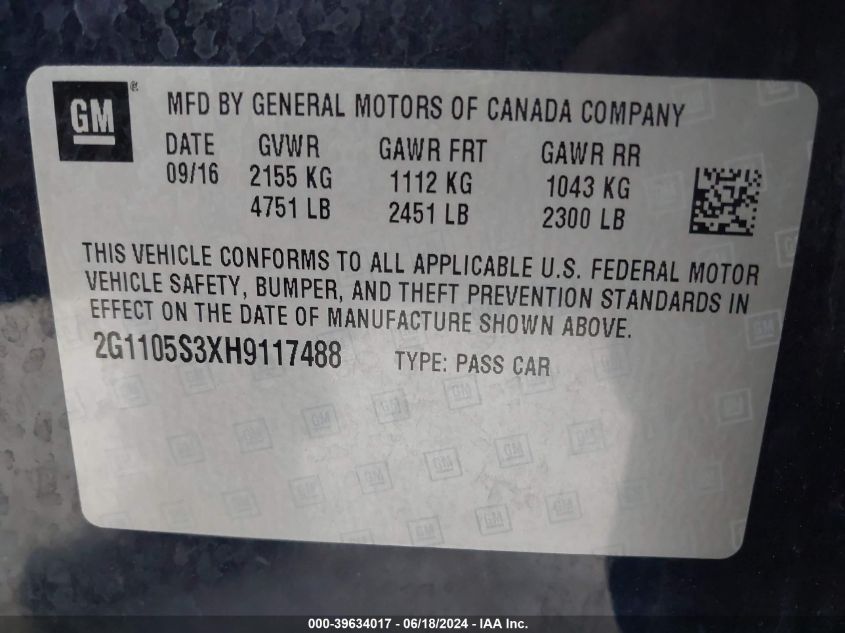 2017 Chevrolet Impala 1Lt VIN: 2G1105S3XH9117488 Lot: 39634017