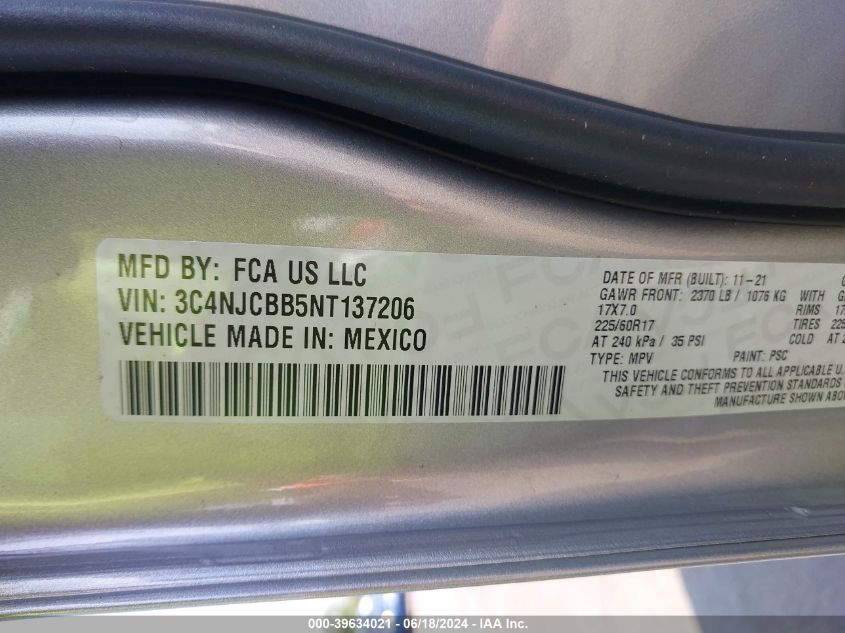 2022 Jeep Compass Latitude Fwd VIN: 3C4NJCBB5NT137206 Lot: 39634021