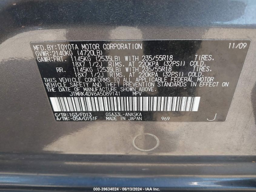 JTMRK4DV6A5089141 2010 Toyota Rav4 Sport V6