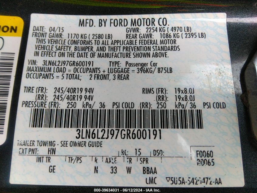 2016 Lincoln Mkz VIN: 3LN6L2J97GR600191 Lot: 39634031