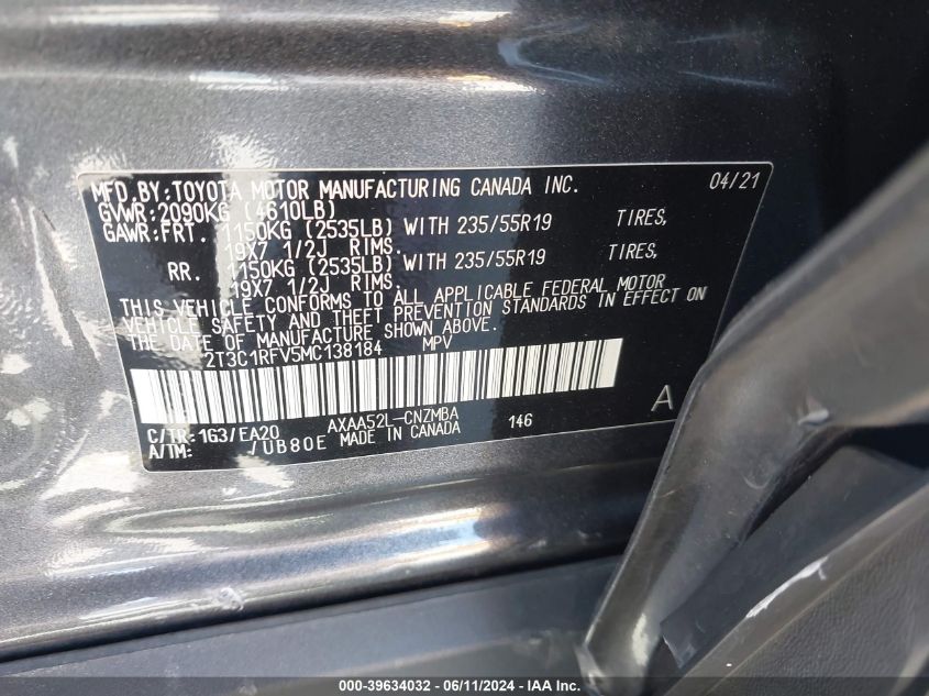 2021 Toyota Rav4 Xle Premium VIN: 2T3C1RFV5MC138184 Lot: 39634032