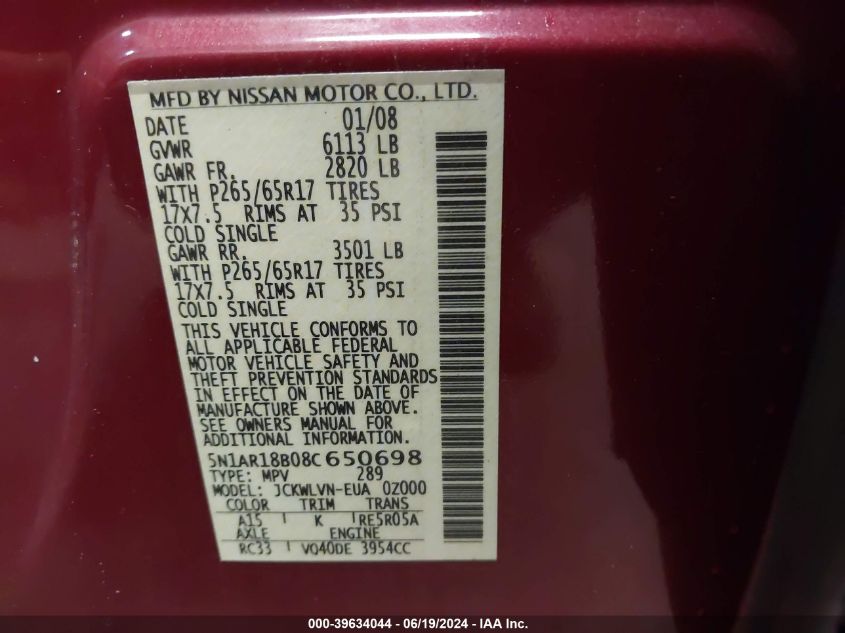 2008 Nissan Pathfinder Le VIN: 5N1AR18B08C650698 Lot: 39634044