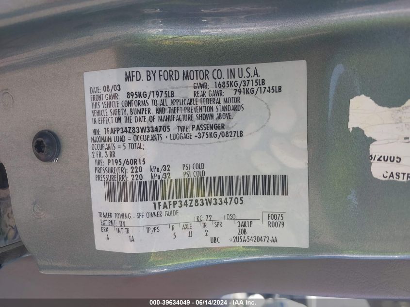 2003 Ford Focus Se VIN: 1FAFP34Z83W334705 Lot: 39634049