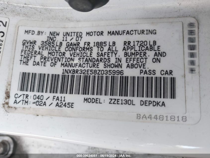 2008 Toyota Corolla Ce VIN: 1NXBR32E58Z035996 Lot: 39634051