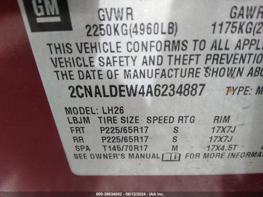 2010 Chevrolet Equinox Lt VIN: 2CNALDEW4A6234887 Lot: 39634052