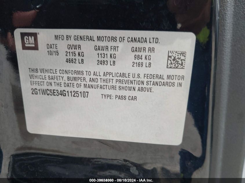 2016 Chevrolet Impala Limited Ltz VIN: 2G1WC5E34G1125107 Lot: 39634060