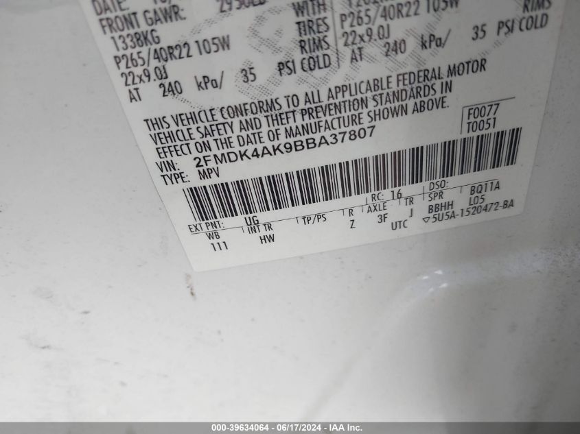 2011 Ford Edge Sport VIN: 2FMDK4AK9BBA37807 Lot: 39634064