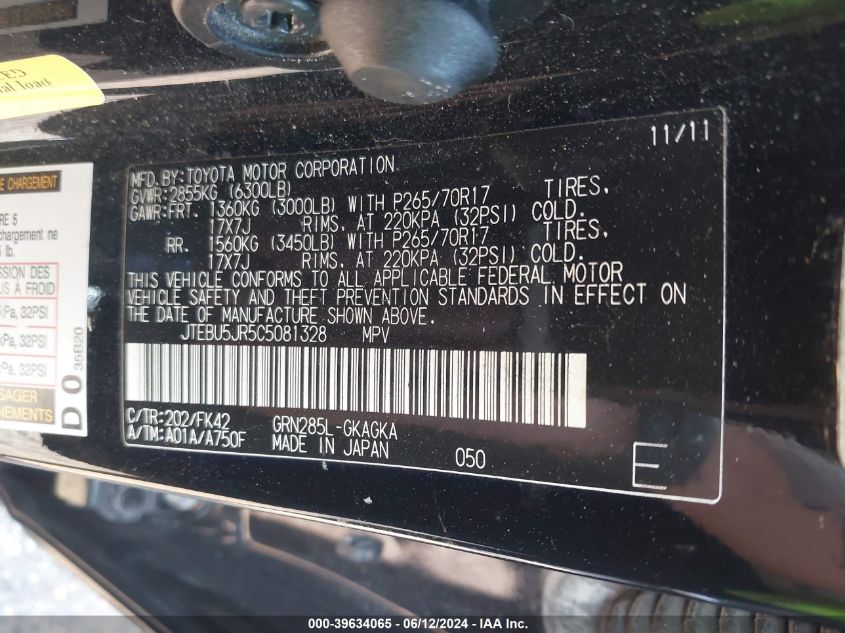 2012 Toyota 4Runner Sr5 VIN: JTEBU5JR5C5081328 Lot: 39634065