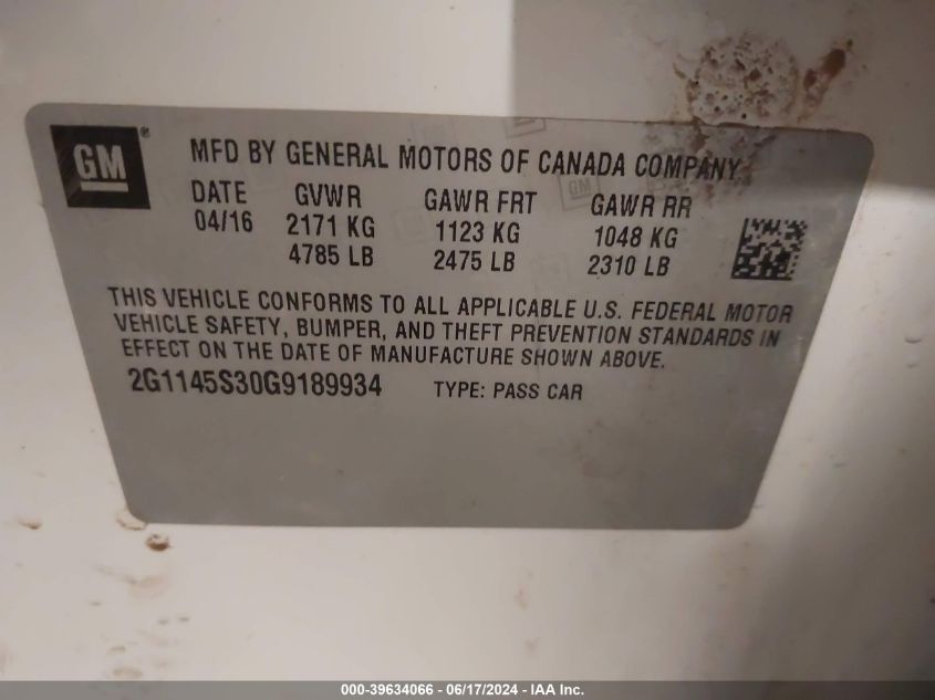 2016 Chevrolet Impala 2Lz VIN: 2G1145S30G9189934 Lot: 39634066
