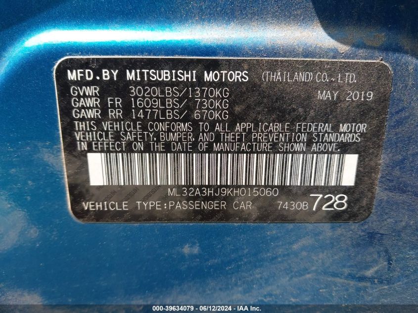 2019 Mitsubishi Mirage Es VIN: ML32A3HJ9KH015060 Lot: 39634079