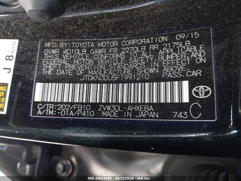 2015 Toyota Prius Two VIN: JTDKN3DU5F1991210 Lot: 39634080