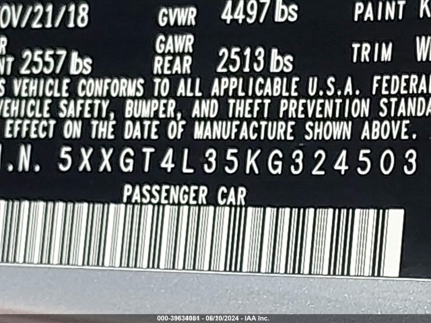 2019 Kia Optima Lx VIN: 5XXGT4L35KG324503 Lot: 39634081