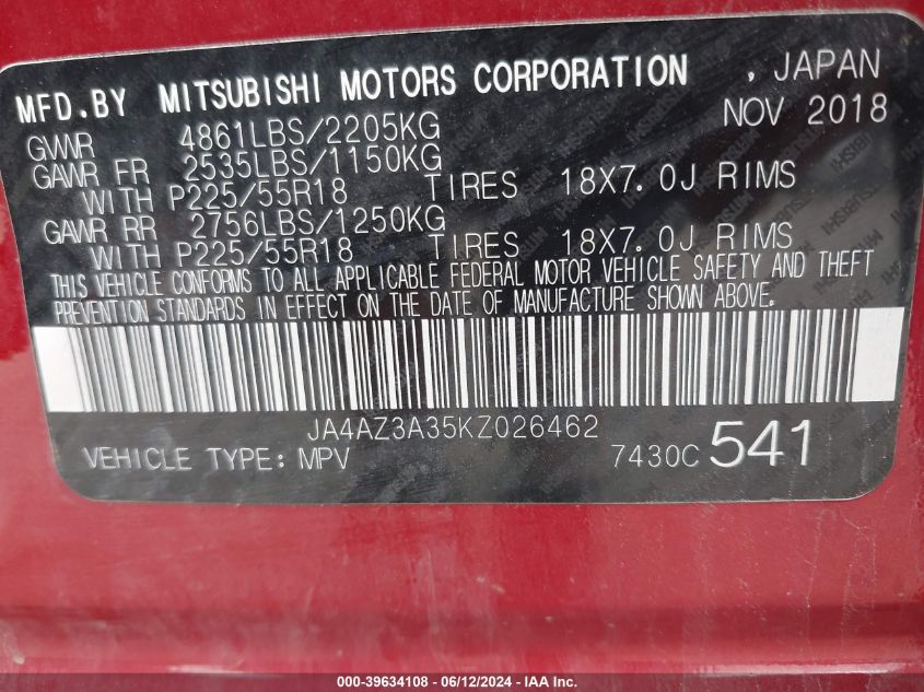 2019 Mitsubishi Outlander Sel VIN: JA4AZ3A35KZ026462 Lot: 39634108