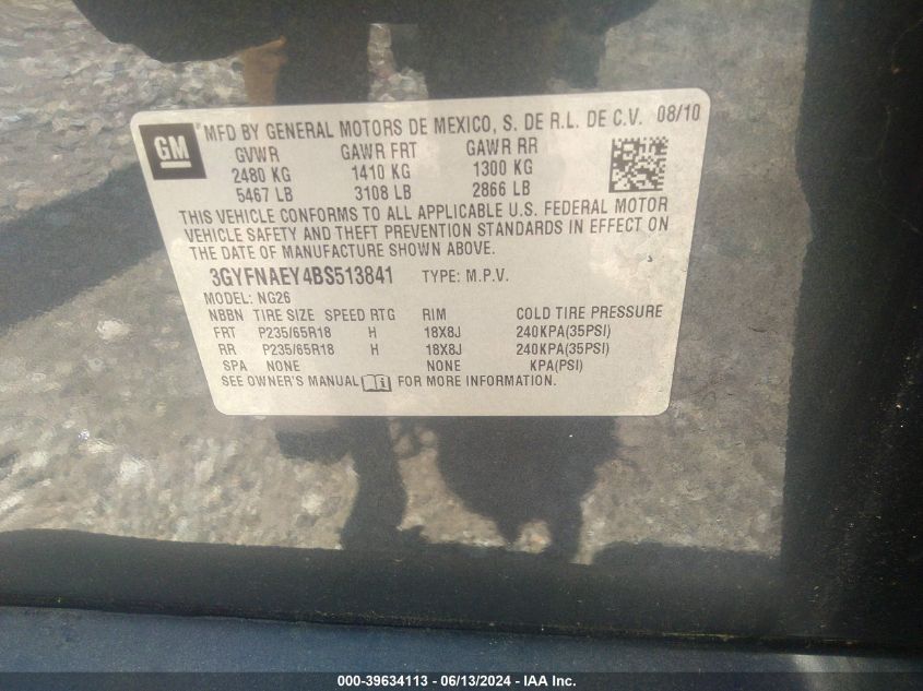 2011 Cadillac Srx Luxury Collection VIN: 3GYFNAEY4BS513841 Lot: 39634113