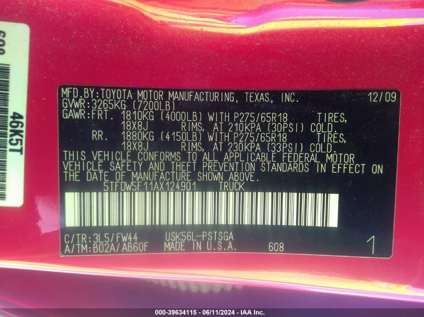 2010 Toyota Tundra Crewmax Sr5 VIN: 5TFDW5F11AX124901 Lot: 39634115