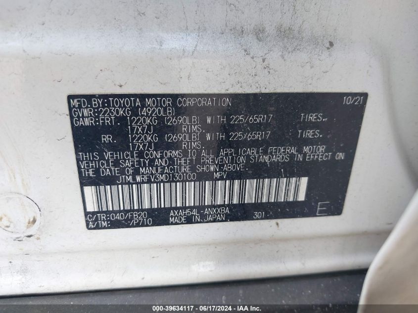 2021 Toyota Rav4 Hybrid Le VIN: JTMLWRFV3MD130100 Lot: 39634117