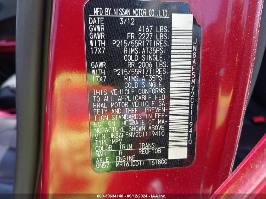 2012 Nissan Juke Sl VIN: JN8AF5MV2CT119410 Lot: 39634140