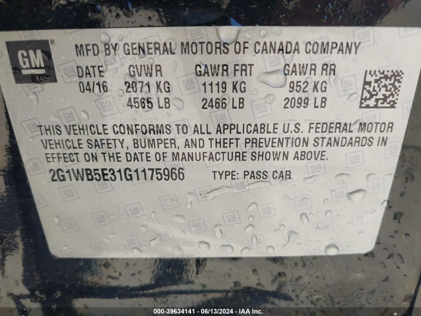 2016 Chevrolet Impala Limited Lt VIN: 2G1WB5E31G1175966 Lot: 39634141