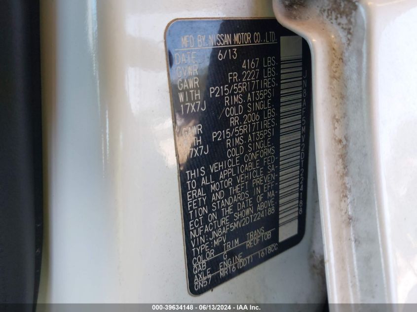 2013 Nissan Juke Sv VIN: JN8AF5MV2DT224188 Lot: 39634148