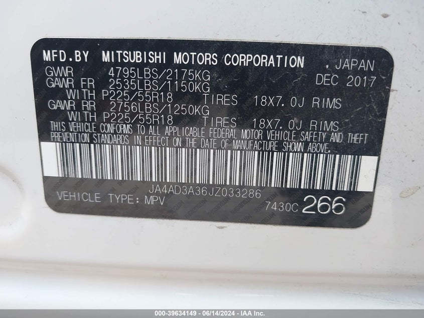 2018 Mitsubishi Outlander Se VIN: JA4AD3A36JZ033286 Lot: 39634149