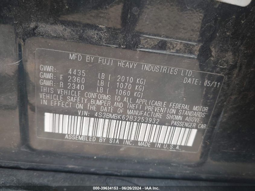 2011 Subaru Legacy 2.5I Limited VIN: 4S3BMBK62B3253932 Lot: 39634153