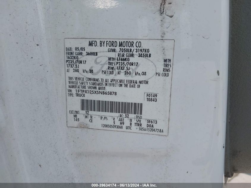 2005 Ford F-150 Lariat/Xl/Xlt VIN: 1FTPX125X5NB65878 Lot: 39634174