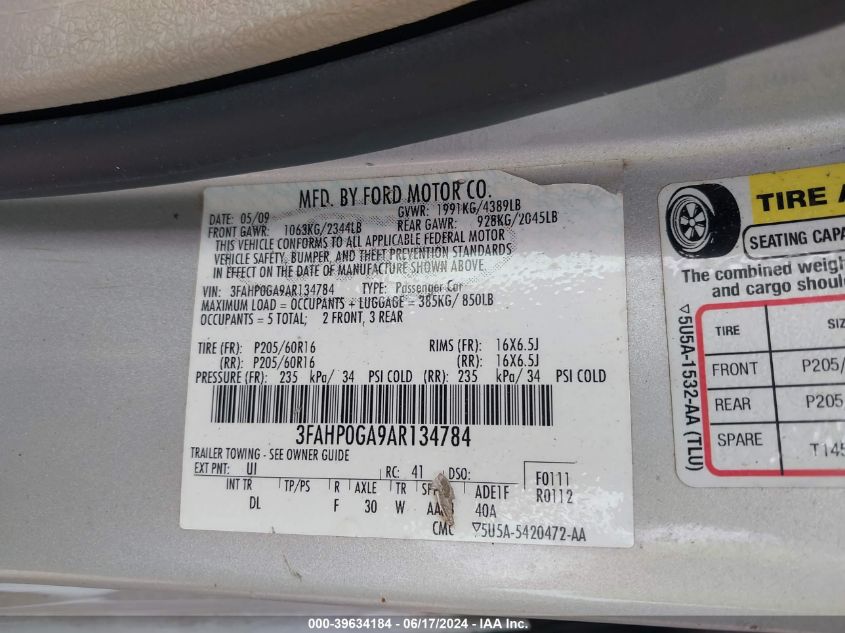 2010 Ford Fusion S VIN: 3FAHP0GA9AR134784 Lot: 39634184